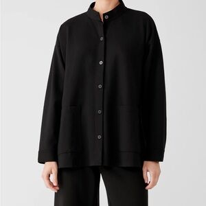 Eileen Fisher Washable Ponte Stand Collar Button Front Overshirt Black Large